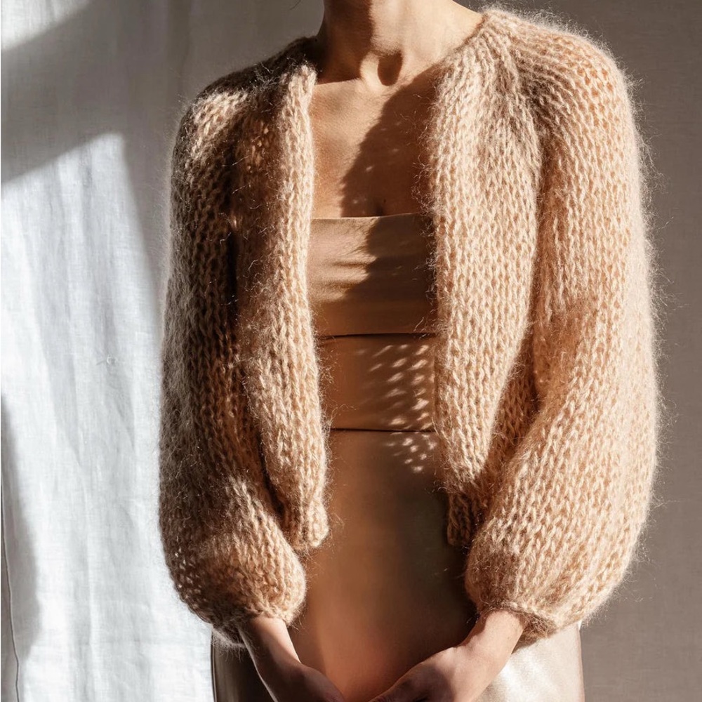 Plexida camel brown beige wool mohair airy bomber sweater